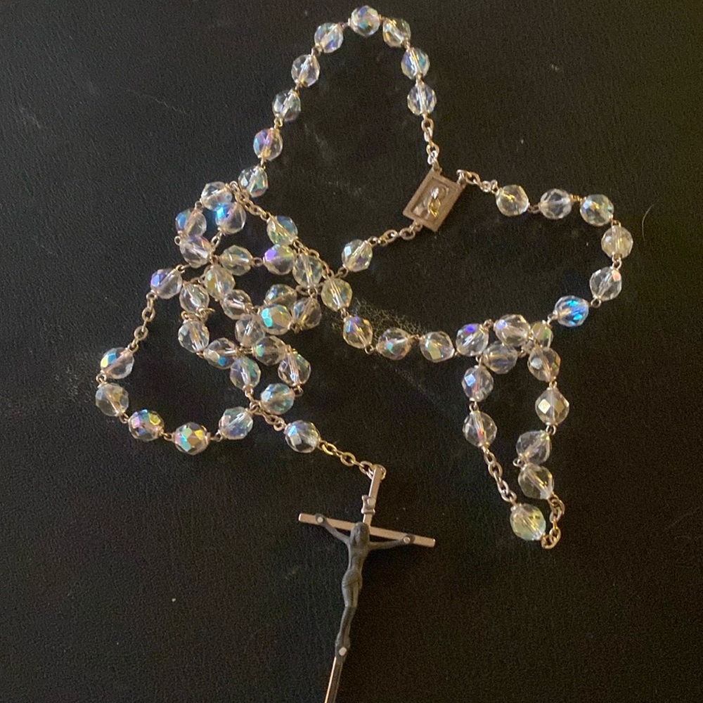 Vintage Catholic AB Iridescent Crystal 5 Decade Rosary, Silver Tone Crucifix